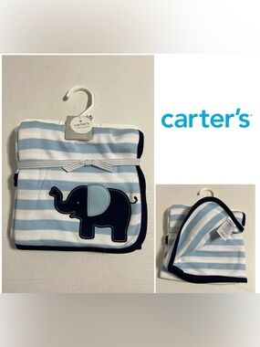 🆕CARTER’S - NWT - 34”X28” - INFANT BOYS REVERSIBLE BLUE ELEPHANT STRIPE BLANKET